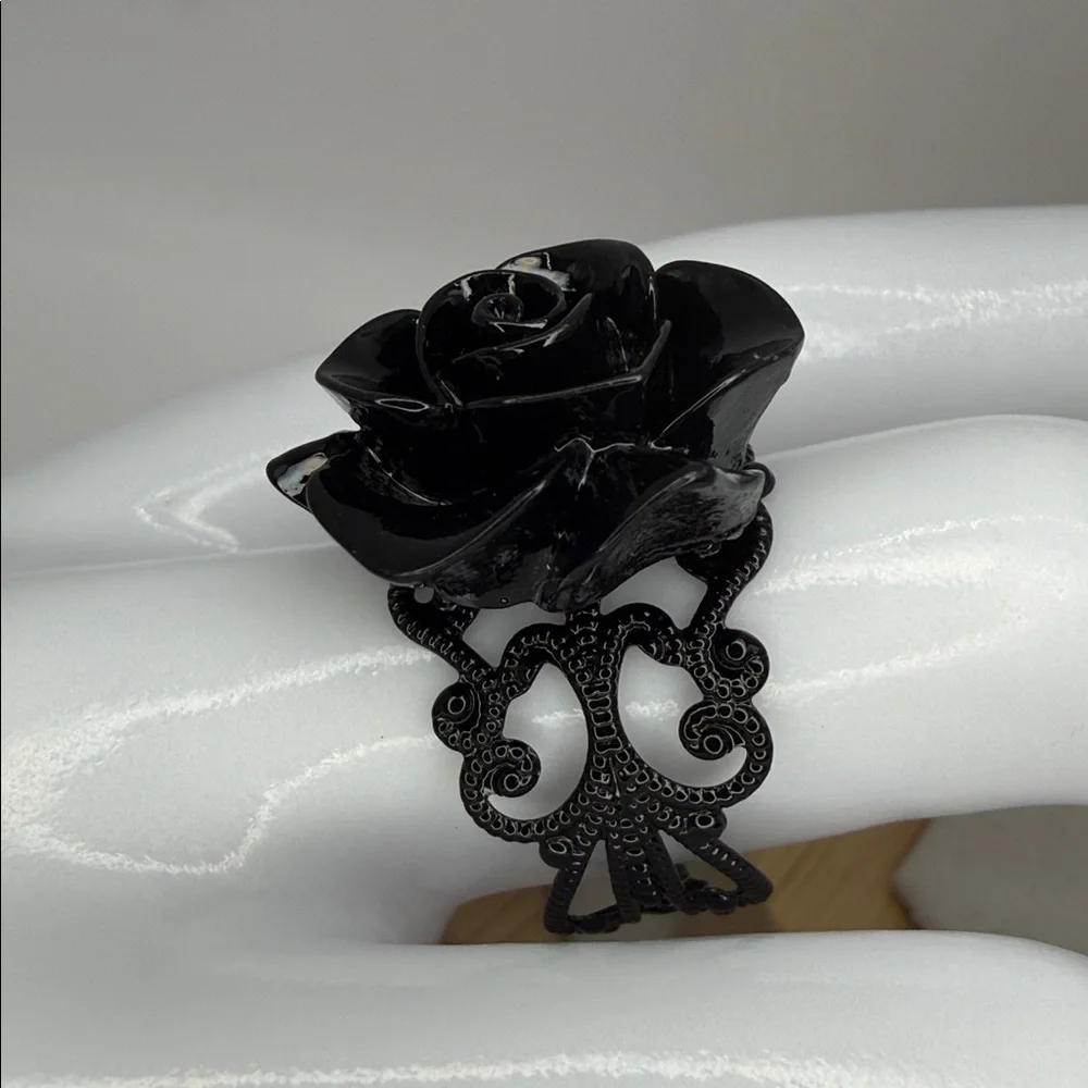 3/$25 Chunky Adjustable Open Black Lace Style with Black Rose Ring Gothic